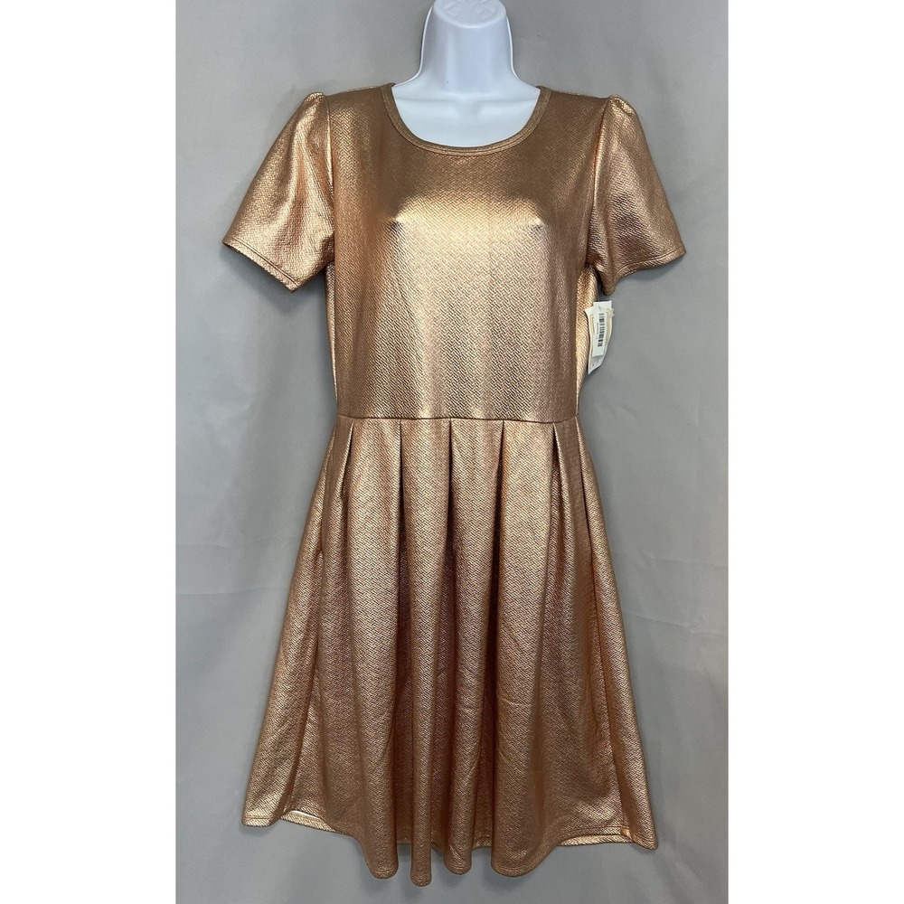 LuLaRoe Amelia Dress Solid Rose Gold Elegant Large Pockets Pleat Bronze New